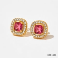 Elegant gold square stud earrings with pink zircon stone and small white crystals - Gold-Red Zirconia