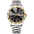 Detailed close-up of ORUSS quartz watch featuring dual calendar and gold steel link band - Polygon Two-tone Strap (Gold Ring) - Black Face