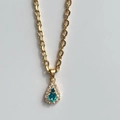 18k gold plated chunky chain necklace with a light blue teardrop gemstone pendant - Lake Blue