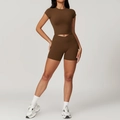 Women's dark brown short sleeve yoga set with high waist crossover sports shorts - S / Top And Bottom / Short Sleeve + Shorts / Light Coffee