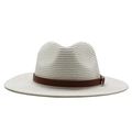 Detailed weave texture of a white Panama straw hat with a brown faux leather band - M(56-58cm) / White