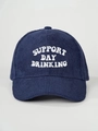 Detailed close-up of navy blue corduroy baseball cap with Support Day Drinking embroidery - Navy Blue