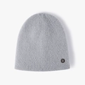 Light gray knit beanie with fluffy texture and round metallic R letter decoration - One Size / Blue-Grey