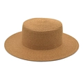 Close-up of finely woven texture on a minimalist flat top straw sun hat in light brown - M (56-58cm) / Camel