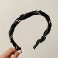 Braided black twist headband featuring gold chain and small pearl bead details - Black