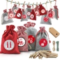 Detailed view of 24 Christmas advent calendar linen bags with wood clips and tags - Advent Calendar Style 13