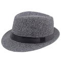 Classic dark grey wool fedora hat for men with elegant black satin decorative band - M (56-58cm) / Grey Herringbone (Grey)