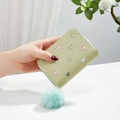 Mini light green PU leather wallet with pink heart embroidery and plush ball keychain - Green