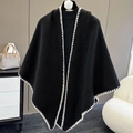 Elegant black knitted cape shawl with white zigzag stitching for winter office wear - Black