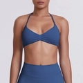 Front view of seamless navy blue yoga set with halter sports bra and high-waisted leggings - Blue Gray