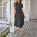 Vestido camisero de lunares con manga corta y lazo en la cintura para un look casual de verano - S / Negro