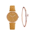 Close-up of yellow leaf pattern dial and rose gold quartz watch with matching bracelet - Yellow + Bracelet
