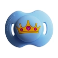 Light blue silicone baby pacifier featuring a yellow crown print and ergonomic shield - Crown Pacifier / Blue