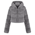Detail of grey faux fur coat featuring a warm hood, zipper closure and soft texture - S / Gray