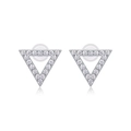 Close-up of classic silver triangular stud earrings with sparkling pavé cubic zirconia - E13222-Hollow Triangle with GRA Certificate