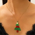 Collier double couche avec sapin de Noël en émail vert et rouge et étoile dorée - Sapin de Noël Color Block (A-1236)