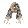 Detailed view of winter thick scarf with large blue and orange dots and cream fringe - Navy Grey