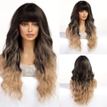 Vorder Seiten und Rückansicht einer langen welligen blonden Ombre Perücke mit Pony - Braun Verlauf Blond (lc8267-5)