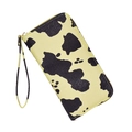 Long cow print wallet for women with zipper closure and wristlet strap detail - Yellow and Black Cow Print / Yellow