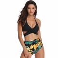 Women black halter bikini set with high waist tropical floral print swim bottoms - S / Yellow Leaf