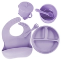 6-piece light purple silicone baby feeding set with bib, suction bowl, plate, cup, and spoon - 6-Piece All-Silicone Set / Purple