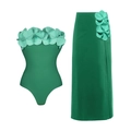 Detail of 3D floral accents on green tube bodysuit and matching side-slit sarong set - S / Green Tube Top Set