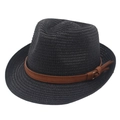 Classic black straw trilby hat for men with a brown suede band and decorative knot - Black