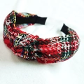 Red plaid Christmas headband with white snowflake embroidery and knotted design detail - Red Snowflake Embroidered Plaid