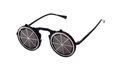 Detail view of round steampunk sunglasses with unique silver spider web flip-up lenses - Black Spider Web Style