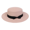 Pink flat top straw sun hat featuring a black ribbon bow for outdoor summer beach style - Ribbon Bow Decor Band Style (303E)