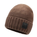 Deep brown ribbed knit ski beanie with leather mountain patch and fleece lining - One Size / Deep Beige