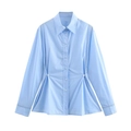 Light blue long-sleeved women's shirt with notched lapel and waist pleat detailing - S / Light Blue