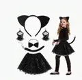 Costume de chat noir pour enfants avec serre-tête nœud papillon et jupe tutu - Serre-tête Oreilles de Chat Et Nœud Papillon Et Queue Et Poignets en Dentelle Et Jupe Tutu Étoilée