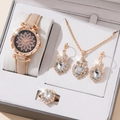 Elegant 5-piece rose gold jewelry watch set with khaki leather strap in a premium gift box - 5-Piece Set (No Box) / Beige Heart Set