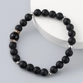 Men's matte black beaded bracelet with silver metal accents and sparkling rhinestones - Matte Black Agate Silver Spacer Style (ML-X000013)