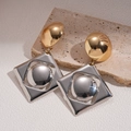 Macro shot of geometric two-tone metal earrings with gold studs and silver square pendants - 5# Gold-Silver