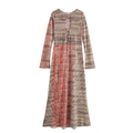 French style hollow print long sleeve dress with brown geometric mesh patterns - XS / Orange Red