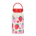Close-up of cream vacuum insulated water bottle featuring cute strawberry and floral prints - Ivory Strawberry Floral