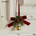 Red velvet bow Christmas ornament with green pine needles and golden metal bell - Single Bell Style
