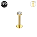 Golden G23 titanium heart labret stud with zircon stone and internal thread design - Round Bezel Clear Zirconia / Gold