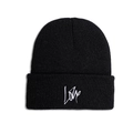 Detailed view of white cursive Love embroidery on a premium black knitted beanie hat - M (56-58cm) / Black