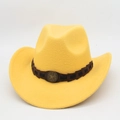 Macro detail of bright yellow felt cowboy hat with braided band and metal star badge - One Size / Yellow