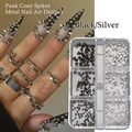 Clous coniques en métal et perles d'acier pour nail art punk en boîte de rangement - Ensemble de Pointes de Cône Noir et Argent (6 Grille Métal Balle 02)