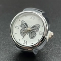 Silver finger watch ring with white butterfly dial and roman numerals on elastic band - Black
