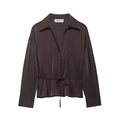 Camisa de satén marrón oscuro para mujer con mangas largas y cordón en cintura - XS / café