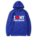 Dark blue long sleeve hoodie featuring white I love my girlfriend print with red heart - S / Tops / Blue