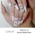 Sweet ballet style white press-on coffin nails with 3D bows and pearl heart accents - White with Bowknot