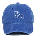 Detail of Be Kind embroidery with heart pattern on blue washed cotton baseball cap - Sapphire Blue