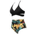 Women's two-piece bikini with black halter wrap top and tropical leaf print high waist bottom - Kids 116 / Top And Bottom / Long Trailing Yellow Leaves