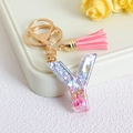 Glitter resin letter Y keychain with blue-pink gradient and pink suede tassel - Letter Y / Pink